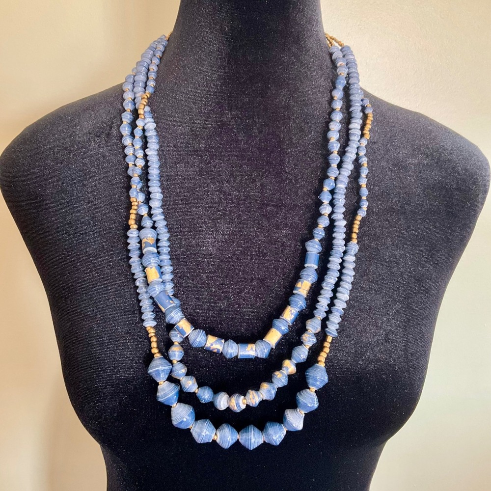 Artisan Paper Bead Multi Strand Statement Necklace Gold Accents Boho Handcrafted